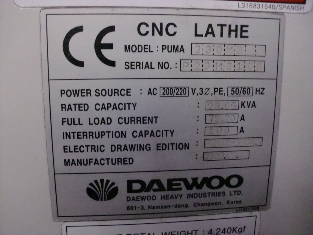 TORNO CNC DAEWOO PUMA 230 MB